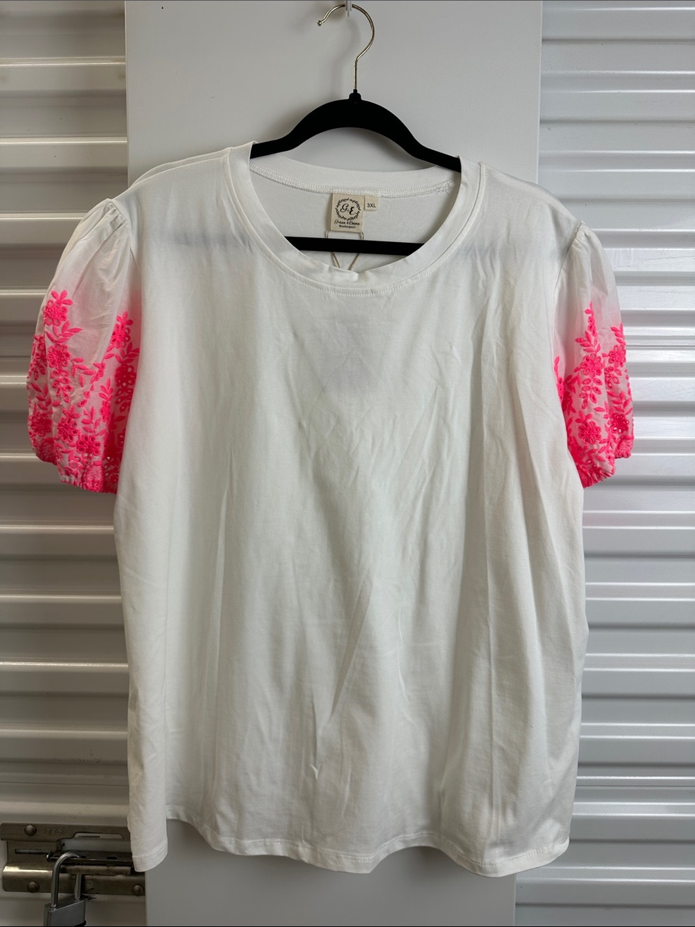 Grace & Emma White Tee with Pink Embroidered Puff Sleeves